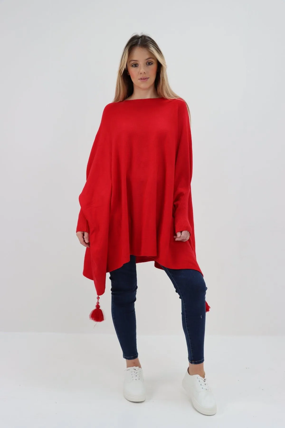 Womens Tassel Poncho Round Neck Knitted Jumper Top