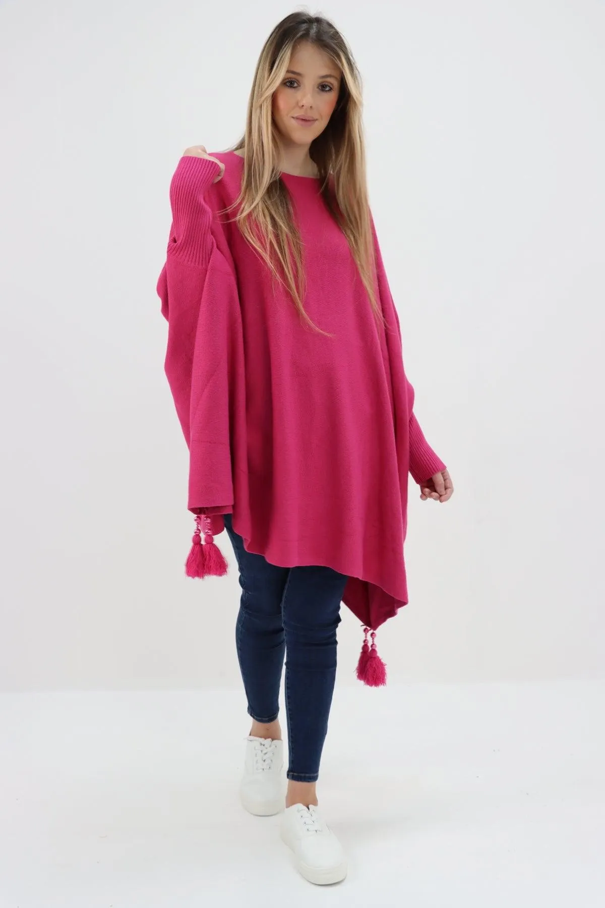 Womens Tassel Poncho Round Neck Knitted Jumper Top