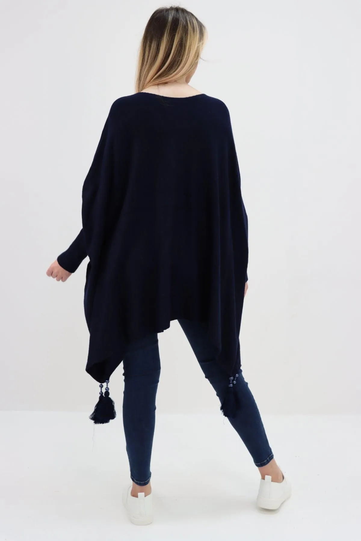 Womens Tassel Poncho Round Neck Knitted Jumper Top
