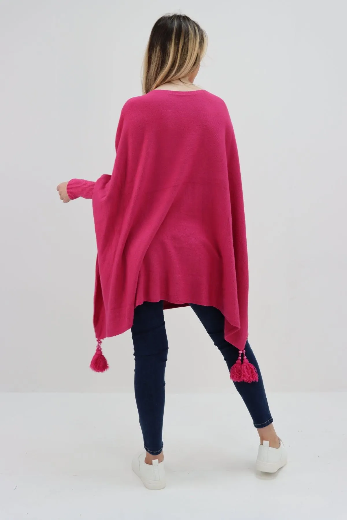 Womens Tassel Poncho Round Neck Knitted Jumper Top