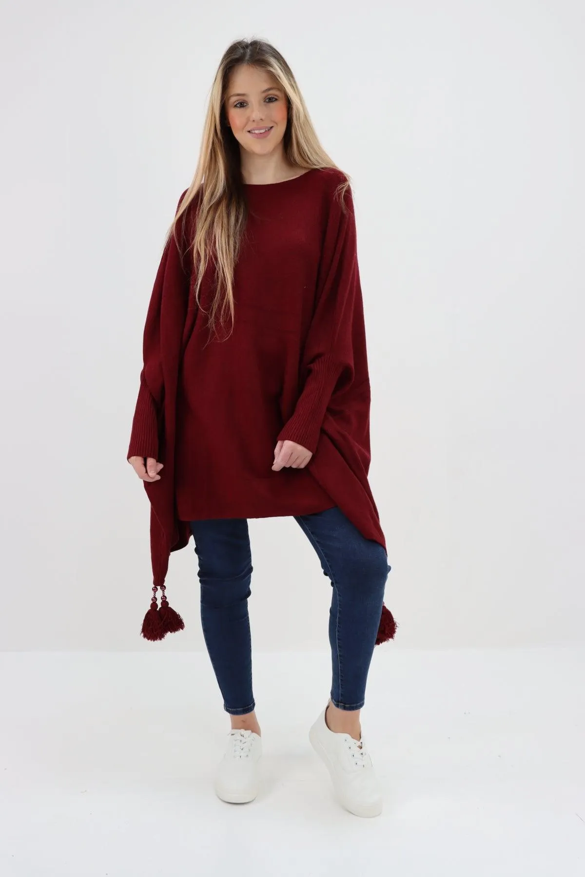 Womens Tassel Poncho Round Neck Knitted Jumper Top