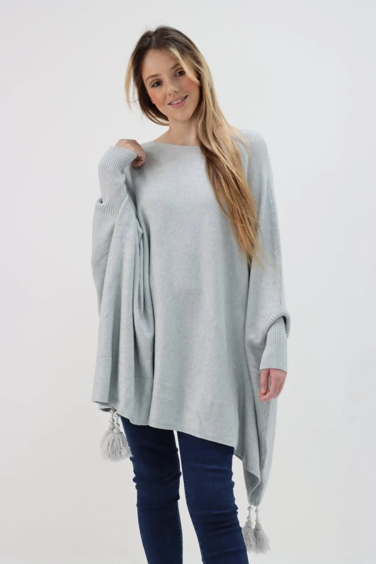 Womens Tassel Poncho Round Neck Knitted Jumper Top