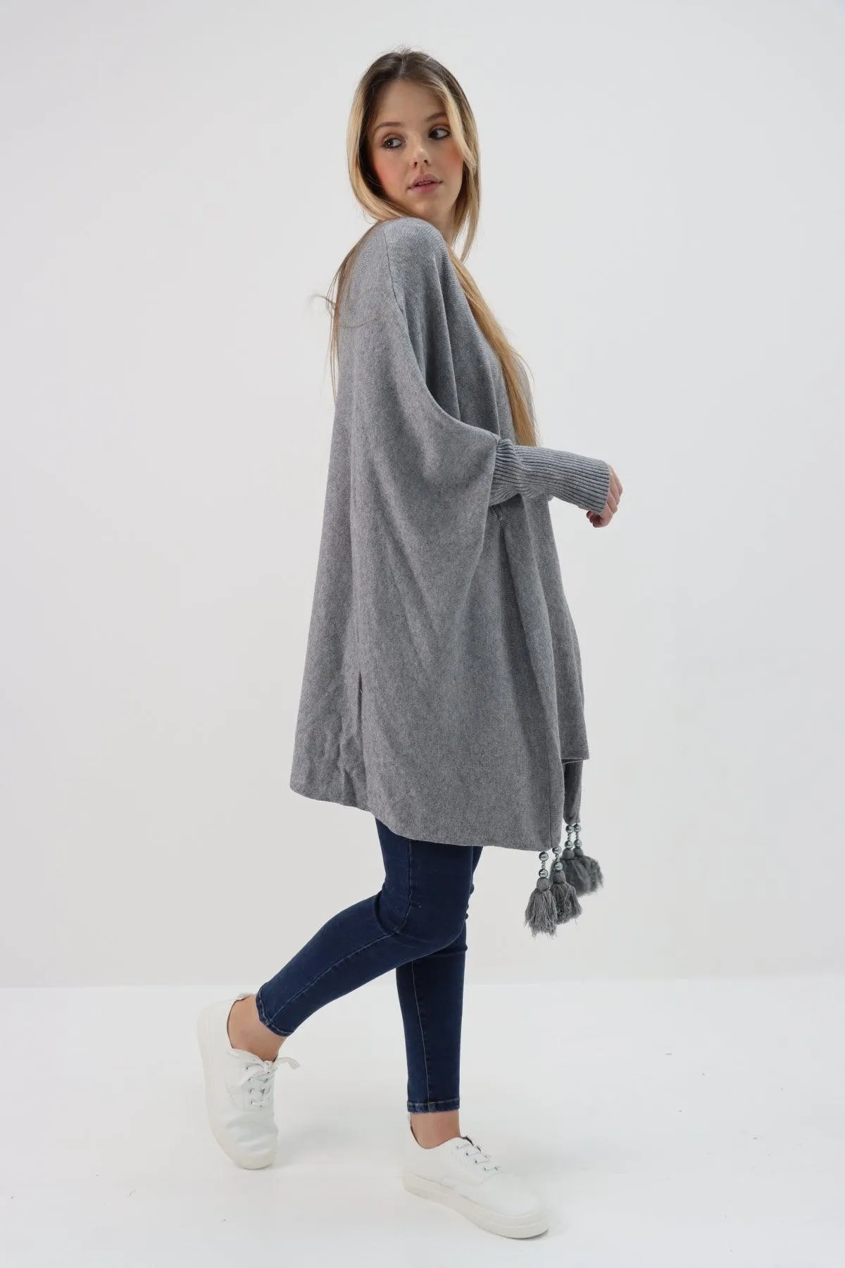 Womens Tassel Poncho Round Neck Knitted Jumper Top