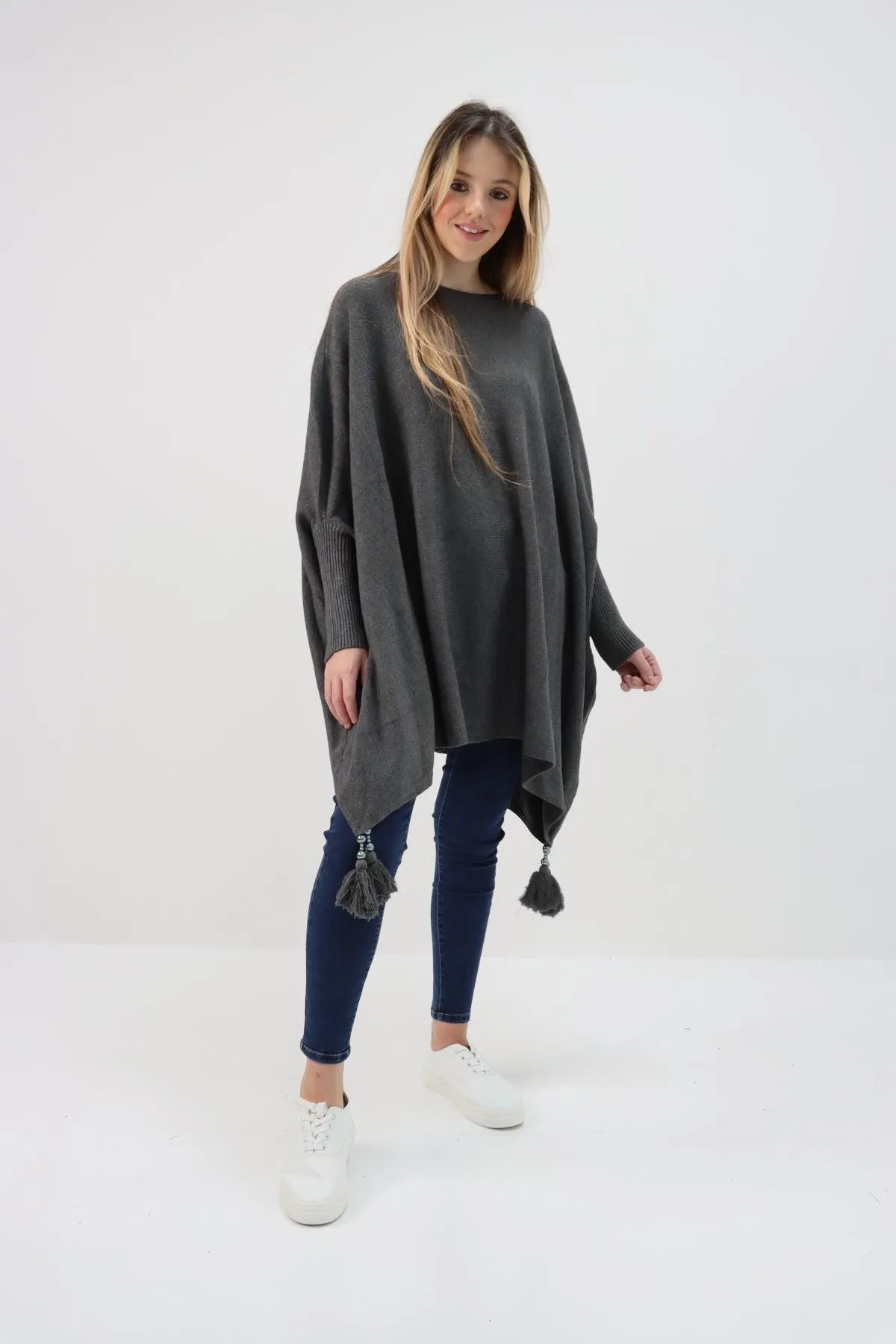 Womens Tassel Poncho Round Neck Knitted Jumper Top