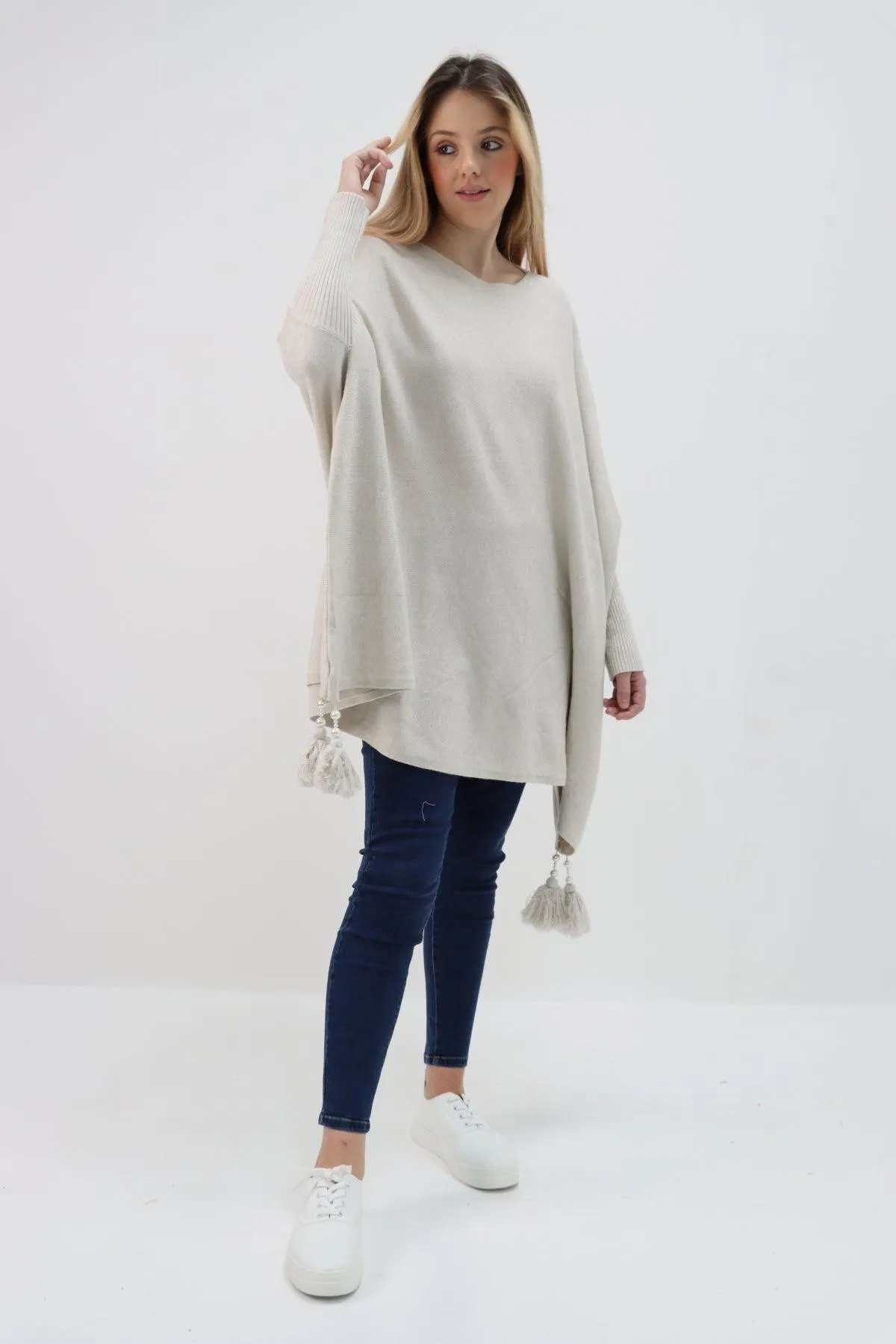 Womens Tassel Poncho Round Neck Knitted Jumper Top