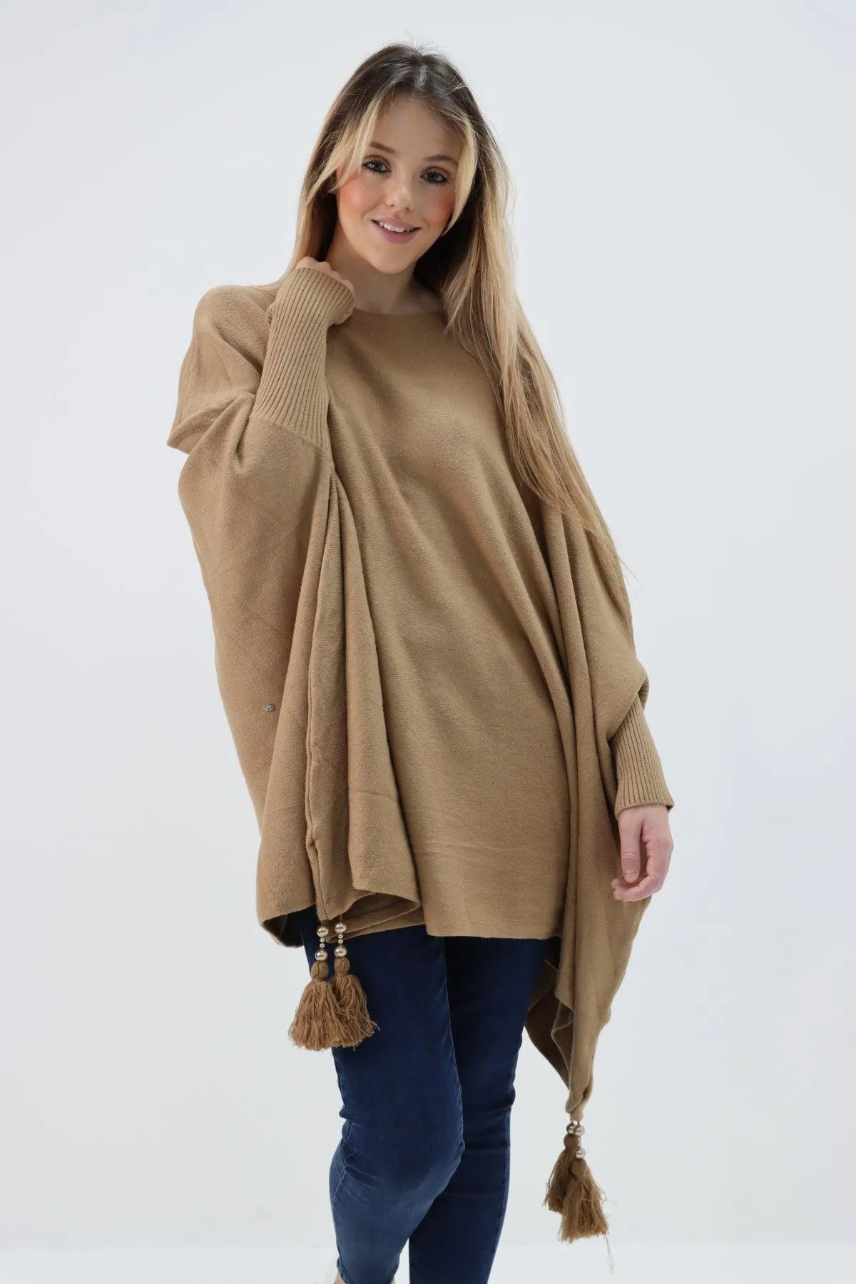 Womens Tassel Poncho Round Neck Knitted Jumper Top