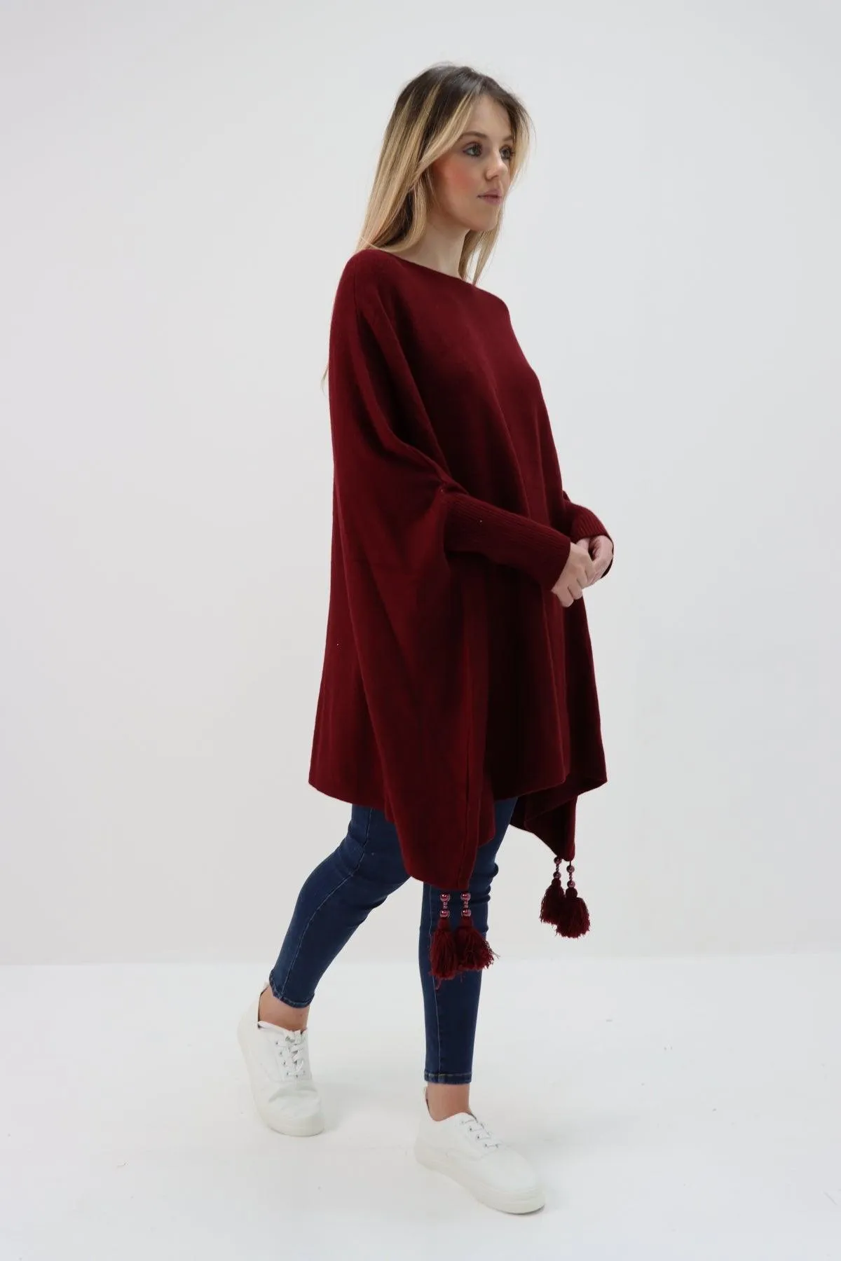 Womens Tassel Poncho Round Neck Knitted Jumper Top
