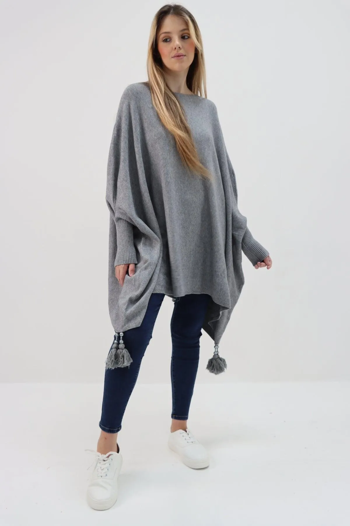 Womens Tassel Poncho Round Neck Knitted Jumper Top