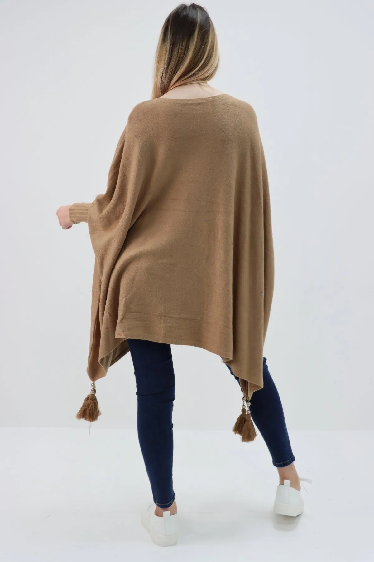 Womens Tassel Poncho Round Neck Knitted Jumper Top