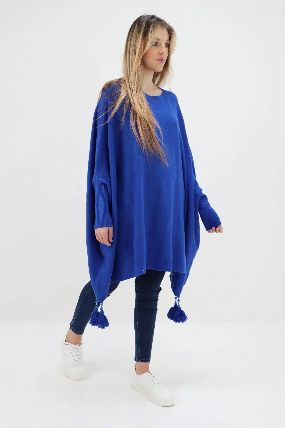 Womens Tassel Poncho Round Neck Knitted Jumper Top