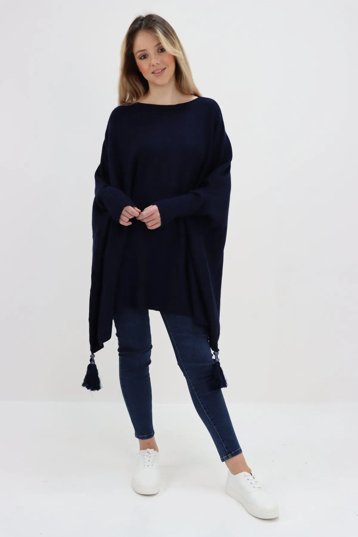 Womens Tassel Poncho Round Neck Knitted Jumper Top
