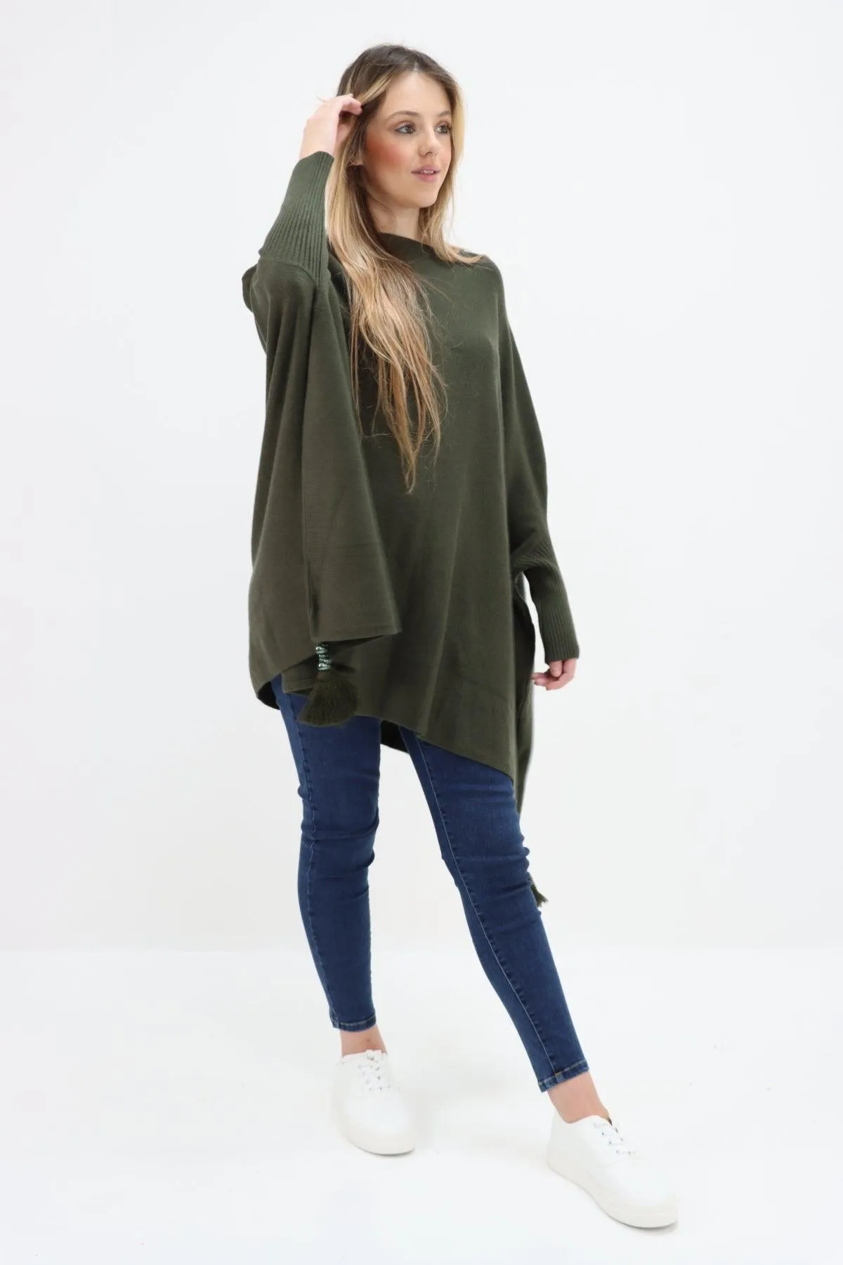 Womens Tassel Poncho Round Neck Knitted Jumper Top
