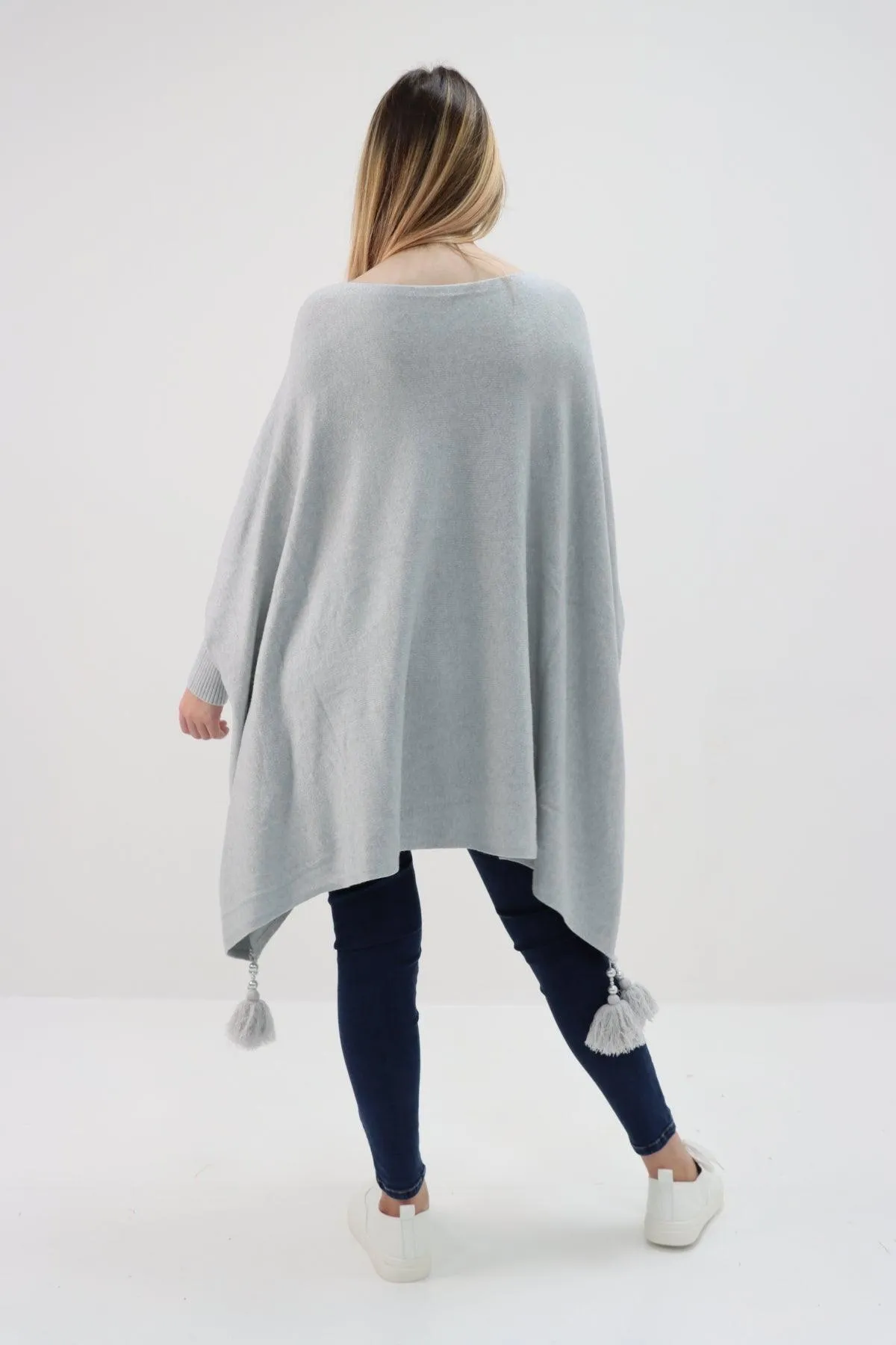 Womens Tassel Poncho Round Neck Knitted Jumper Top