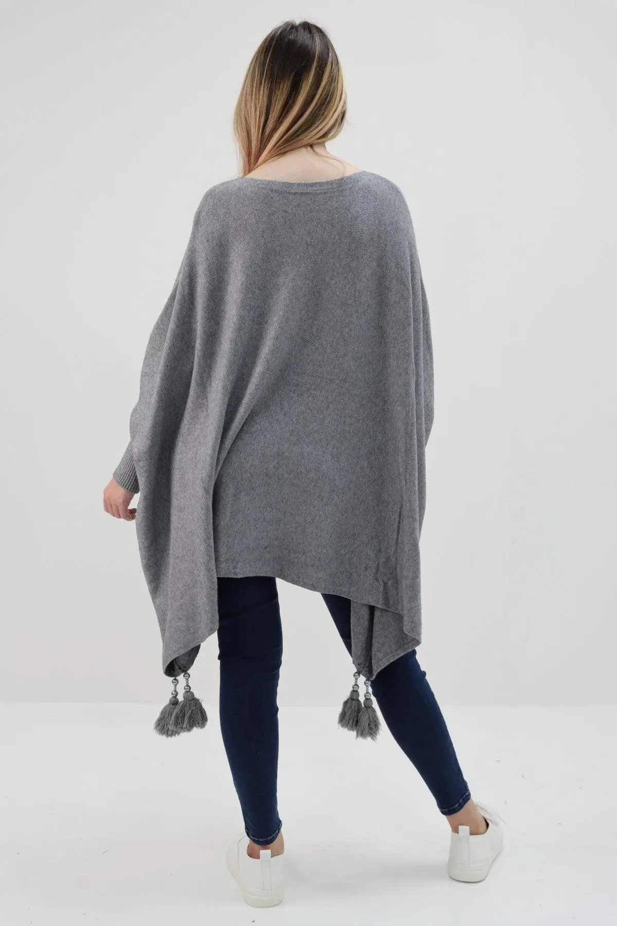 Womens Tassel Poncho Round Neck Knitted Jumper Top