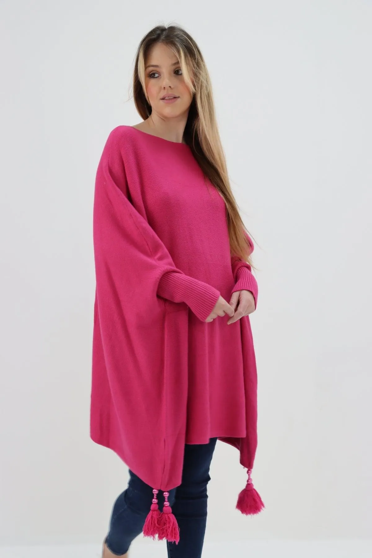 Womens Tassel Poncho Round Neck Knitted Jumper Top