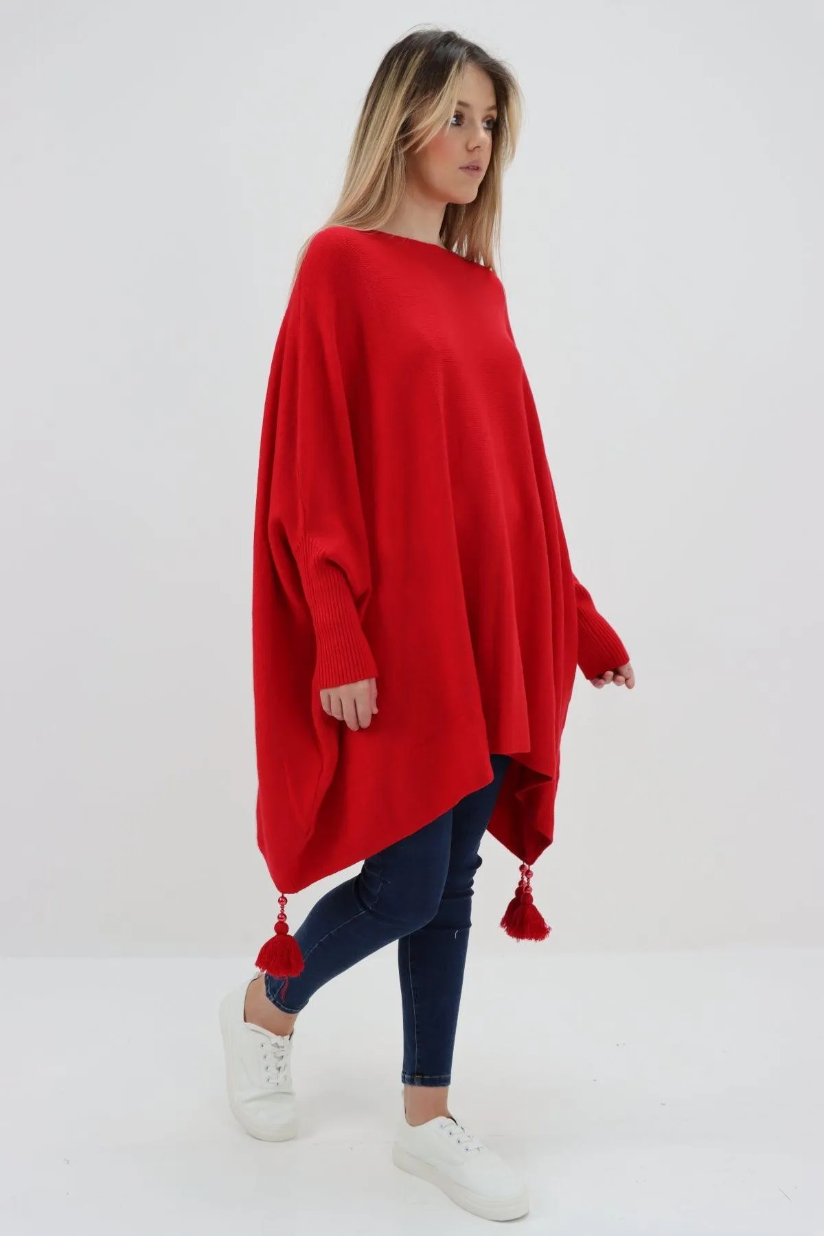 Womens Tassel Poncho Round Neck Knitted Jumper Top