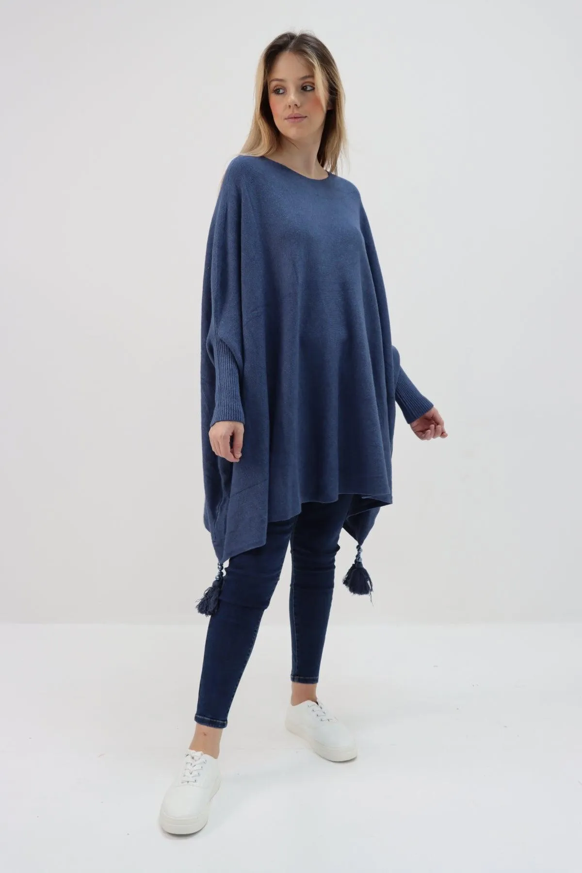 Womens Tassel Poncho Round Neck Knitted Jumper Top
