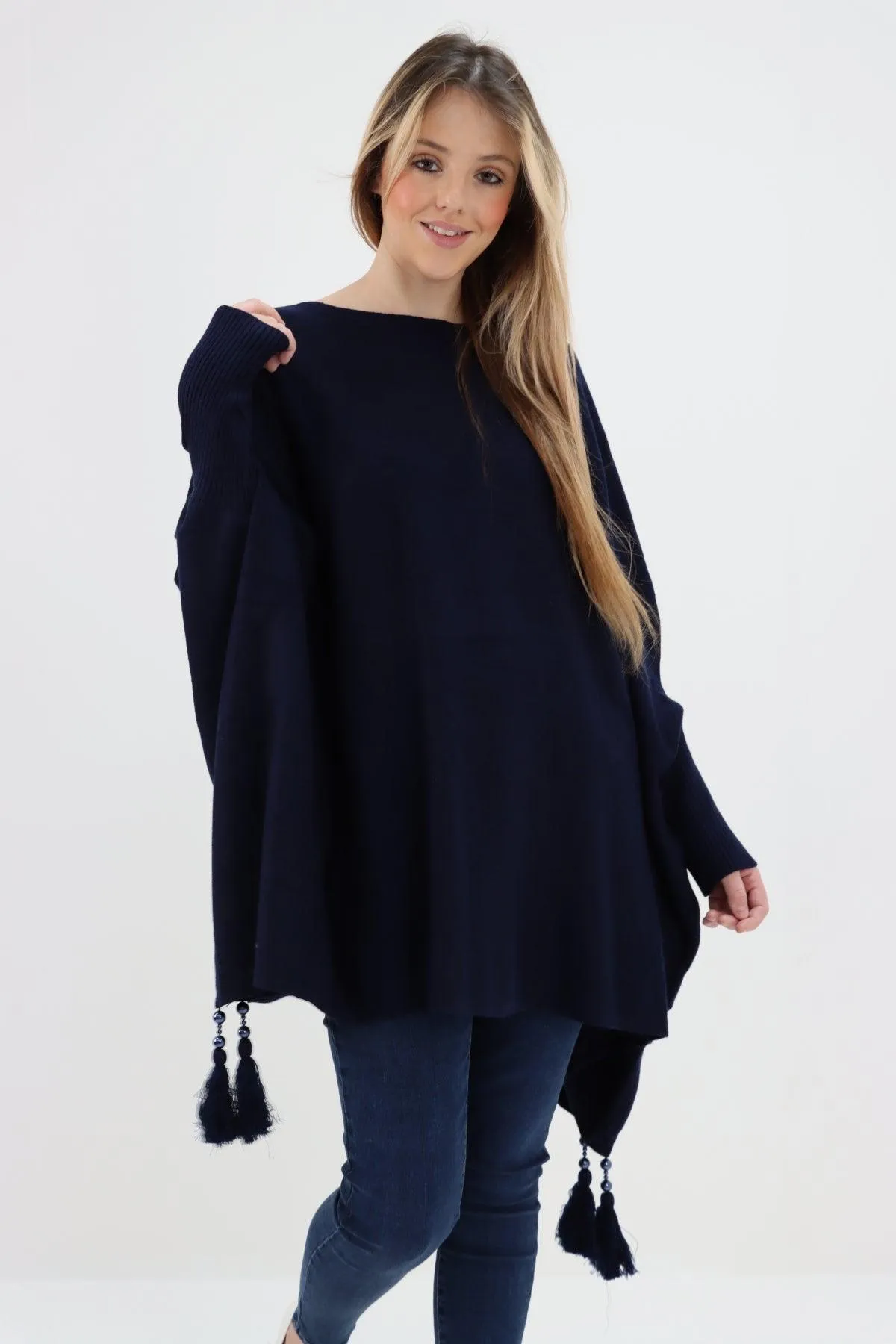 Womens Tassel Poncho Round Neck Knitted Jumper Top