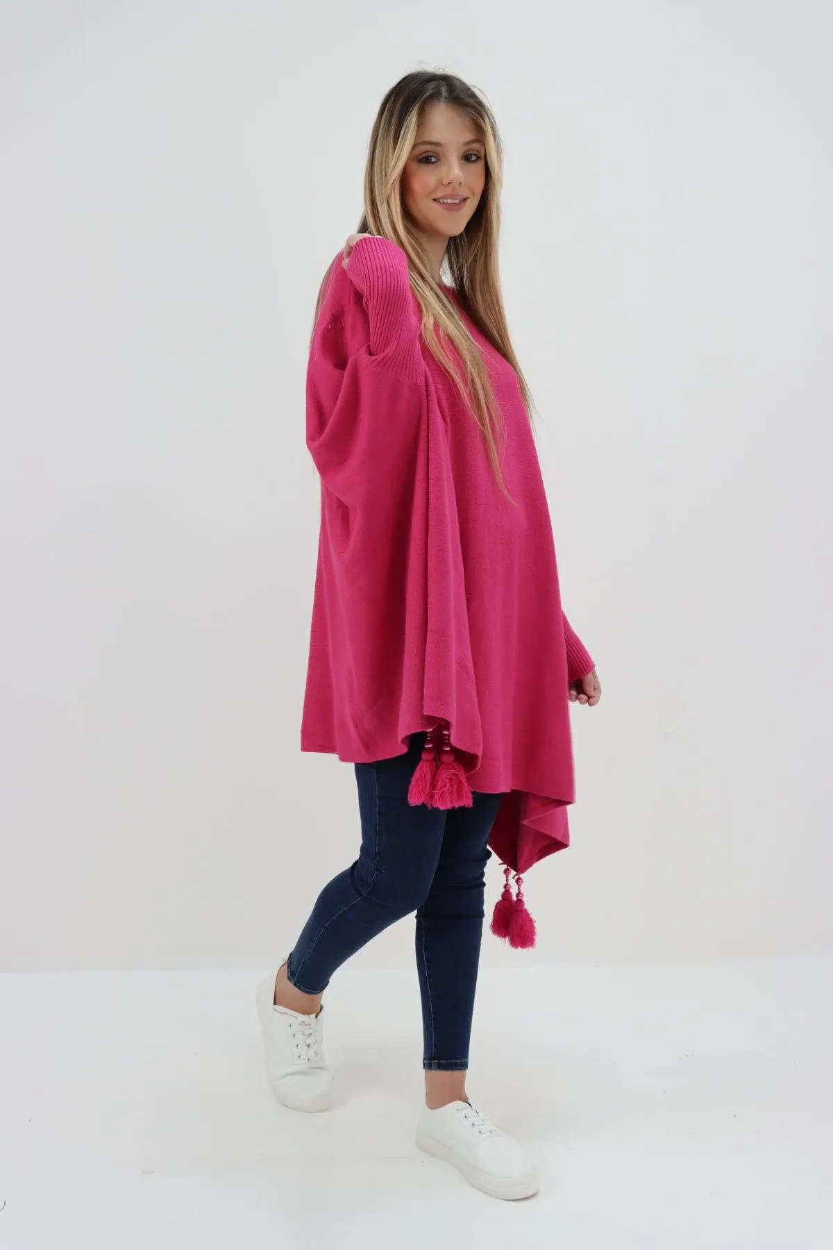 Womens Tassel Poncho Round Neck Knitted Jumper Top