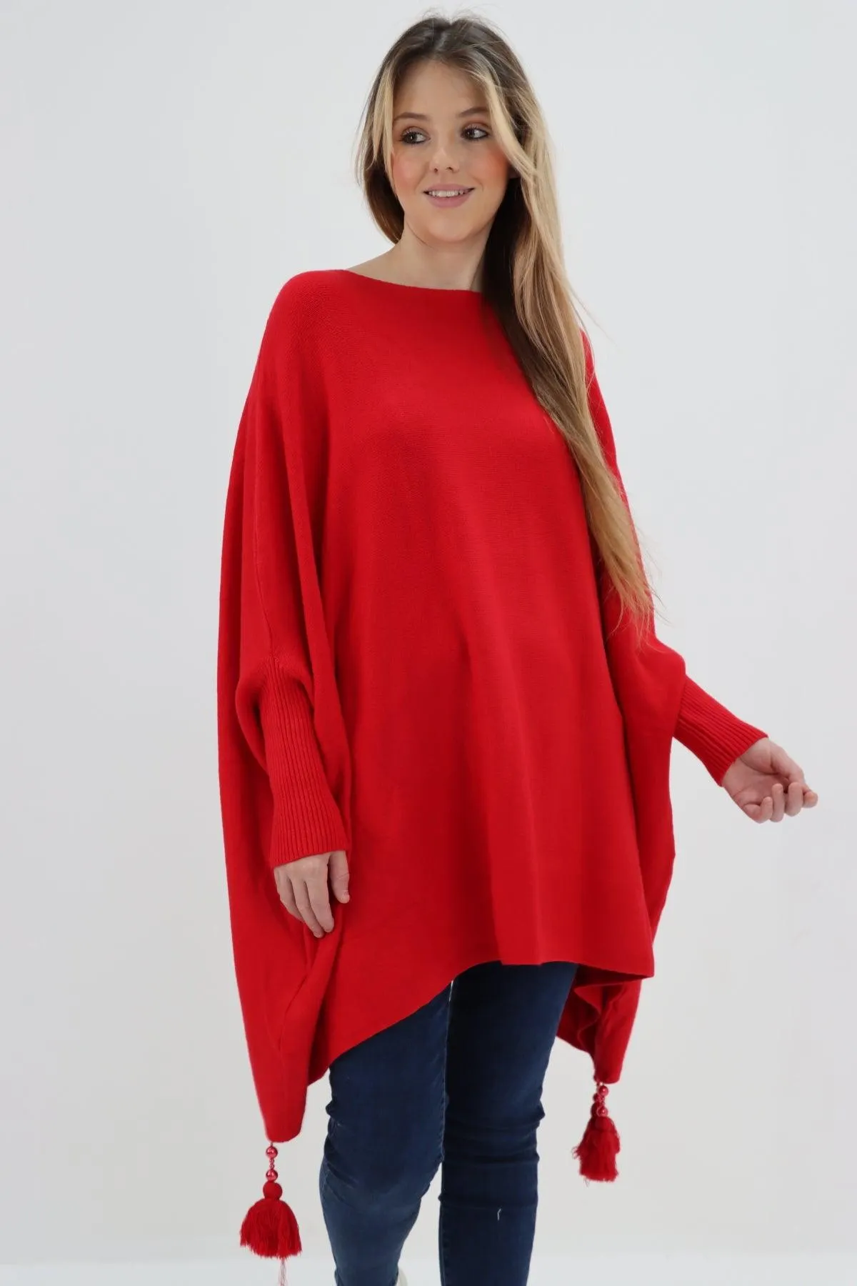 Womens Tassel Poncho Round Neck Knitted Jumper Top