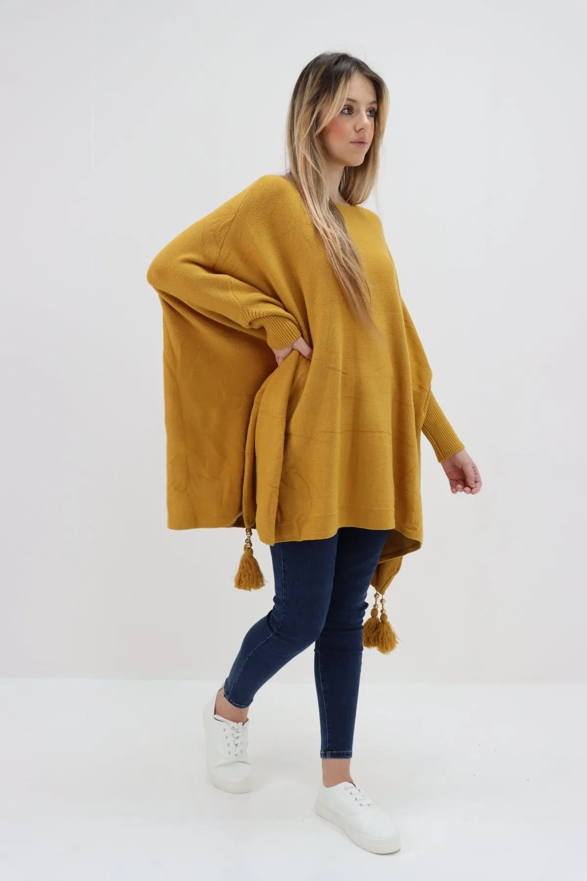 Womens Tassel Poncho Round Neck Knitted Jumper Top
