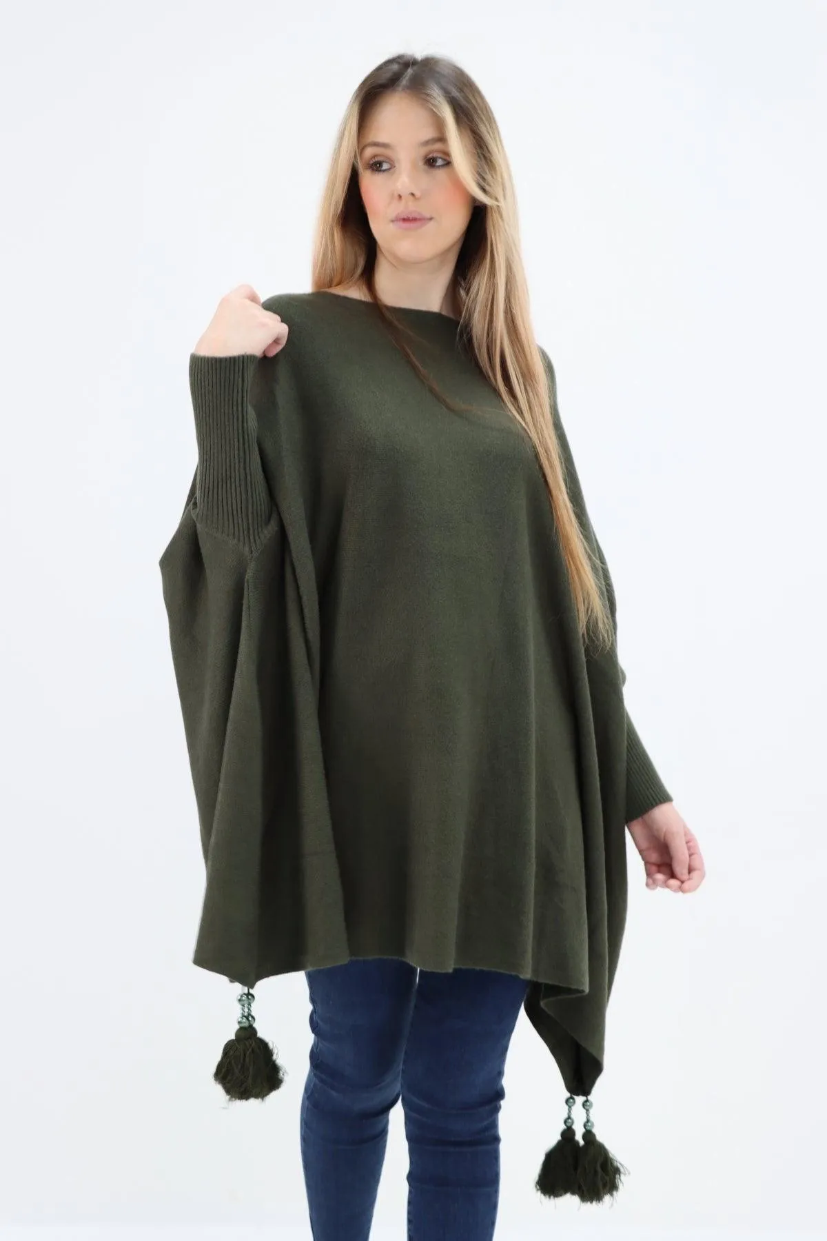 Womens Tassel Poncho Round Neck Knitted Jumper Top