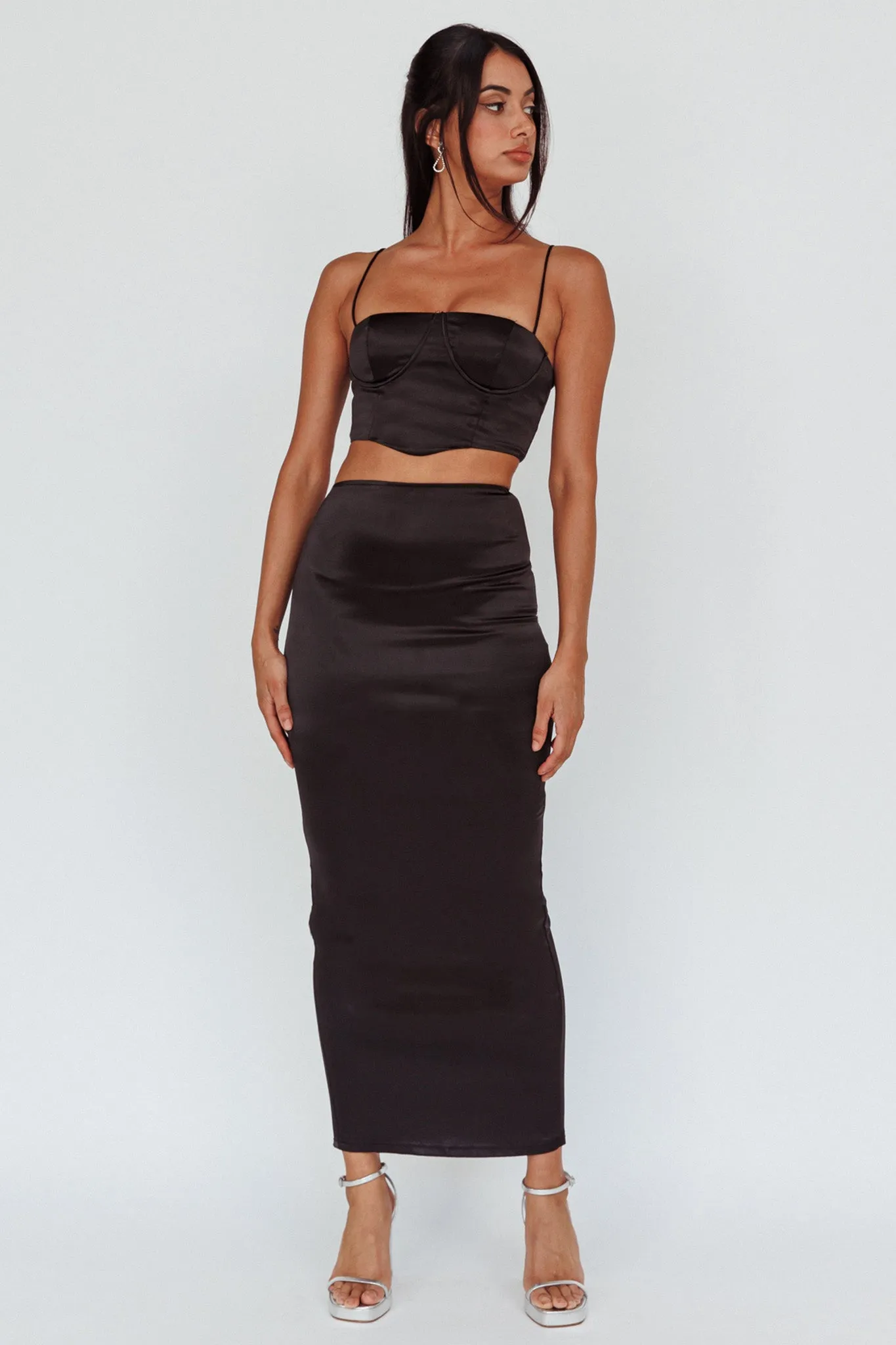 Zeina Satin Midi Skirt Black
